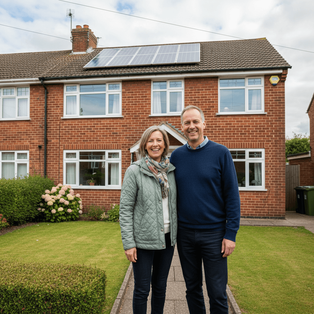 Happy South London homeowners with solar panels on their roof